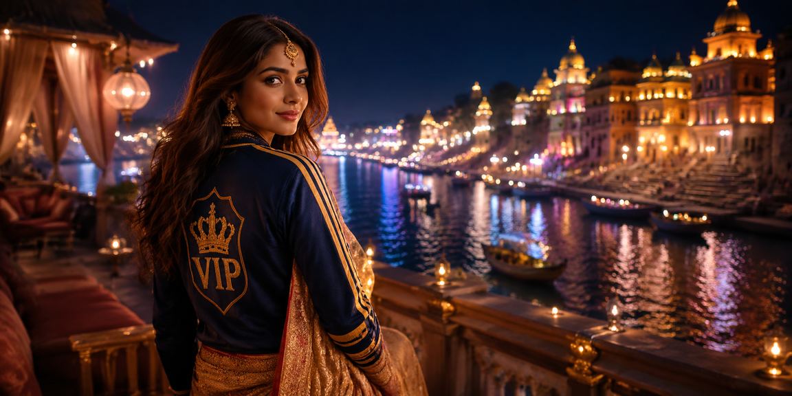 Scenic Varanasi Ghat with Cricket Betting Visuals